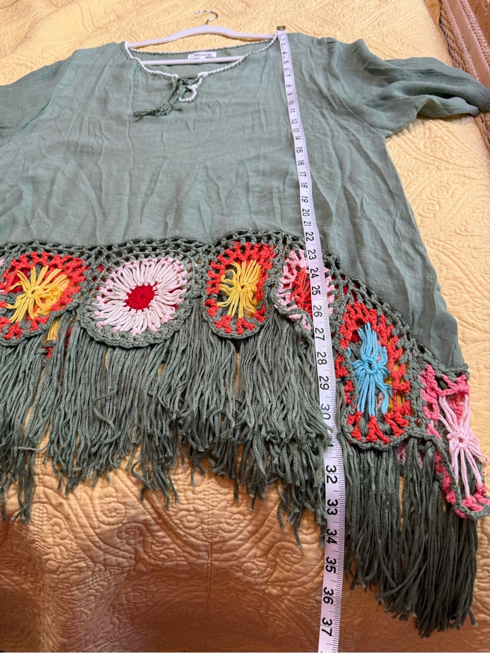 NWT Miracle M L p22 Olive Green Boho Fringe Top Colorful Crochet Accents - Picture 8 of 10